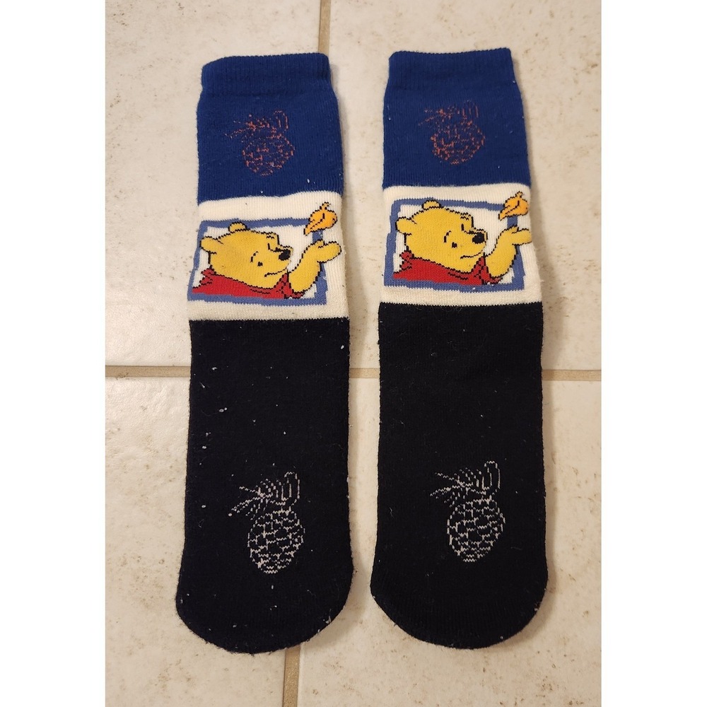 Disney Winnie the Pooh Slipper Socks Blue VTG Black Non‎ Slip Gripper Bottoms